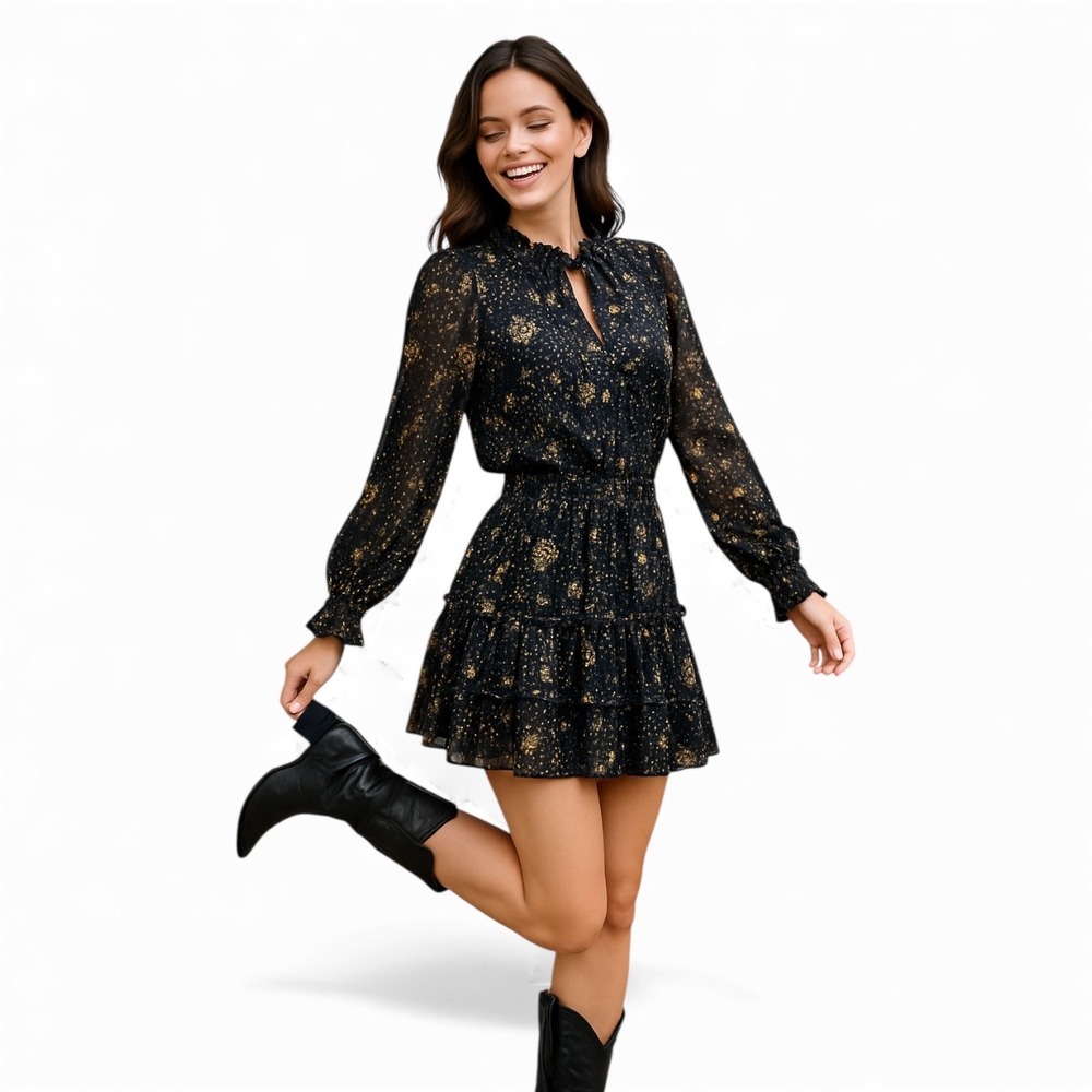 Current Air‎ Black Gold Silver Star  Smocked Metallic Mini Dress sz L